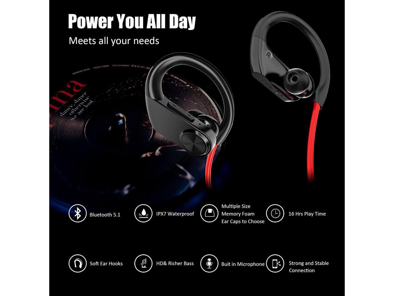 Comfortable Ear Hook Wireless Waterproof IPX7 Earbuds with Earhooks,Sport Earbuds in Ear,16H Playtime Sweatproof Headphones for Gym Running Workout ZZN Bluetooth Running Headphones 