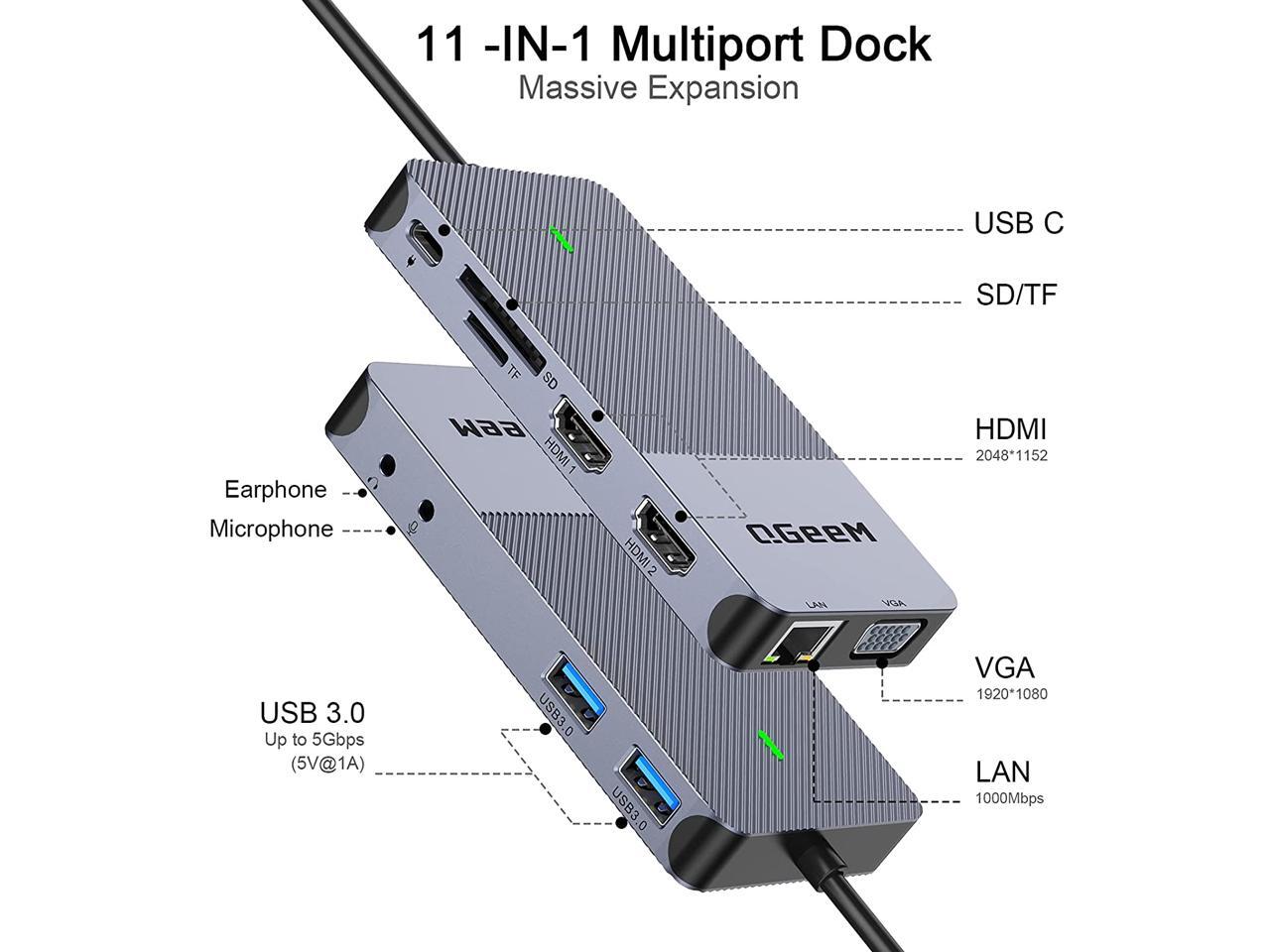 QGeeM USB 3.0 Docking Station, Triple Display USB C Hub Dual HDMI VGA