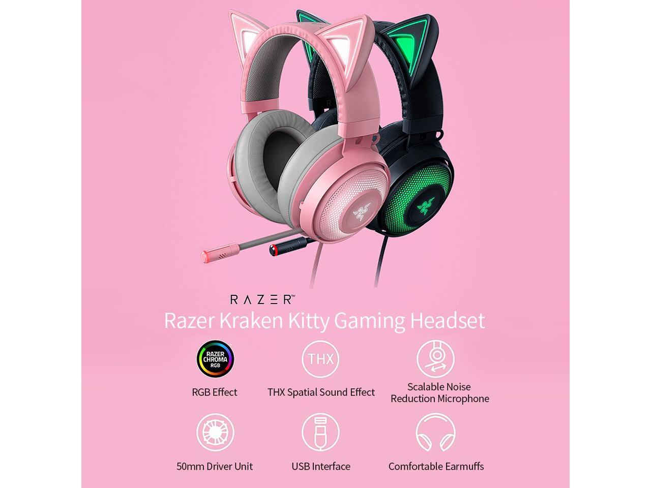 Razer Kraken Kitty Gaming Headset Tnx 7 1 Surround Sound Headset With Active Noise Reduction Microphone 50mm Driver Unit Black Newegg Com