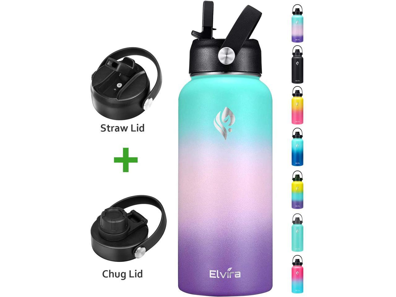 Double Wall Sweat-Proof BPA Free to Keep Beverages Cold for 24Hrs or Hot for 12Hrs Elvira 32oz Vacuum Insulated Stainless Steel Water Bottle with Straw & Spout Lids 