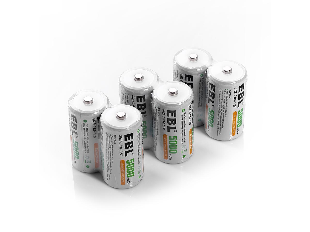 EBL 6 Pack Size C R14 Battery 1.2V 5000mAh NiMH Rechargeable Batteries