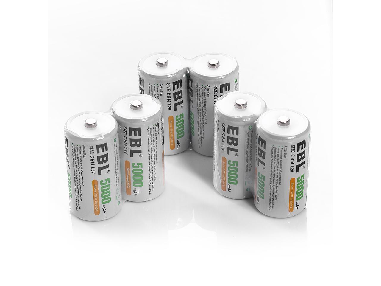 EBL 6 Pack Size C R14 Battery 1.2V 5000mAh NiMH Rechargeable Batteries