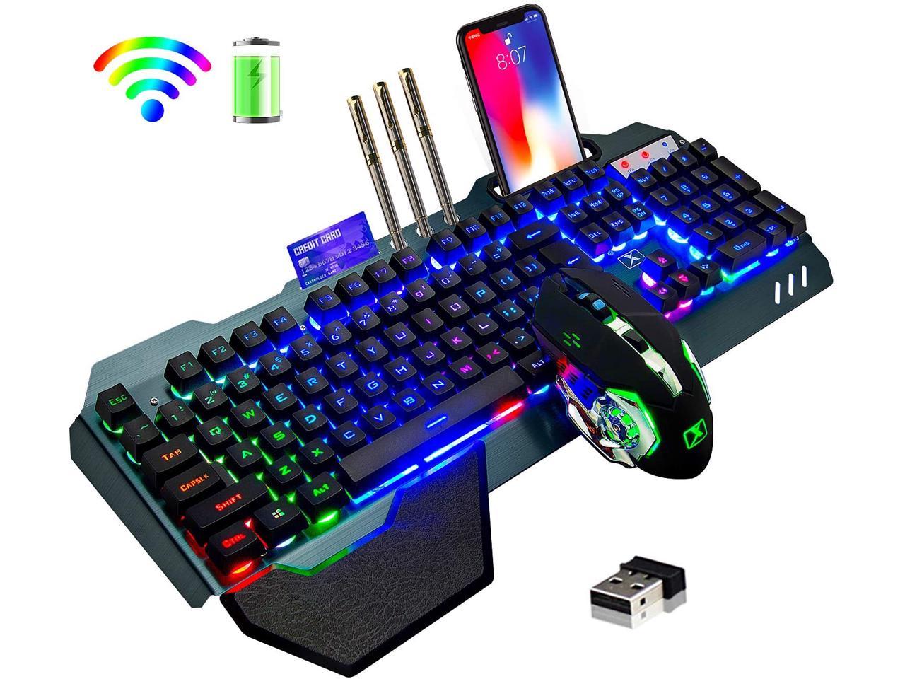 Wireless Gaming Keyboard and Mouse,Rainbow Backlit Rechargeable Keyboard  Mouse with 3800mAh Battery Metal Panel,Removable Hand Rest Mechanical Feel  