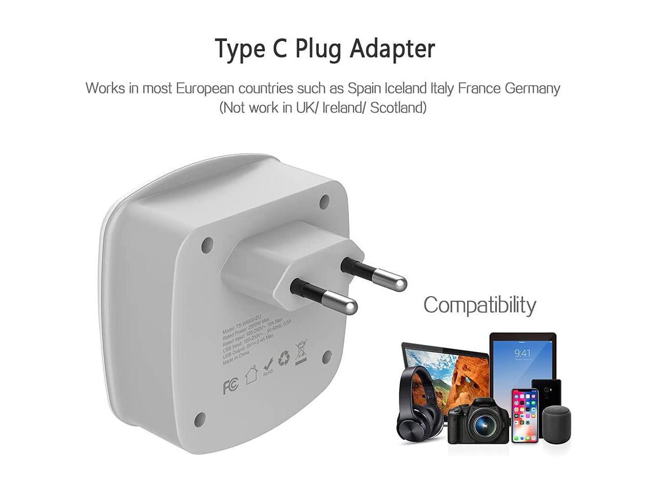 2 Pack TESSAN Power Plug Adapter with 2 USB Ports for USA to European Travel 
