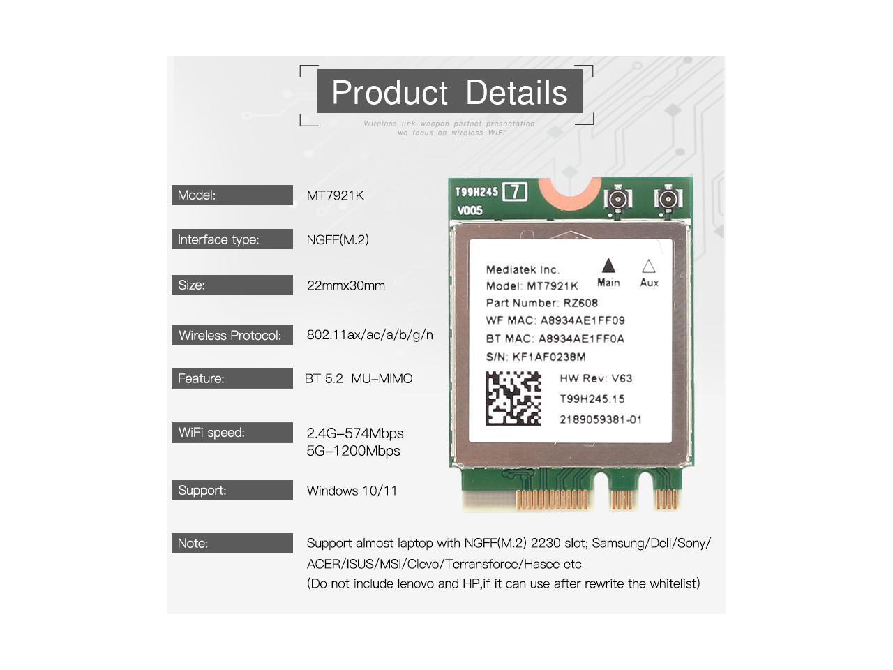 Wi-Fi 6E MediaTek MT7921k Tri band 1800Mbps 2.4G/5G/6G Bluetooth 5.2 ...