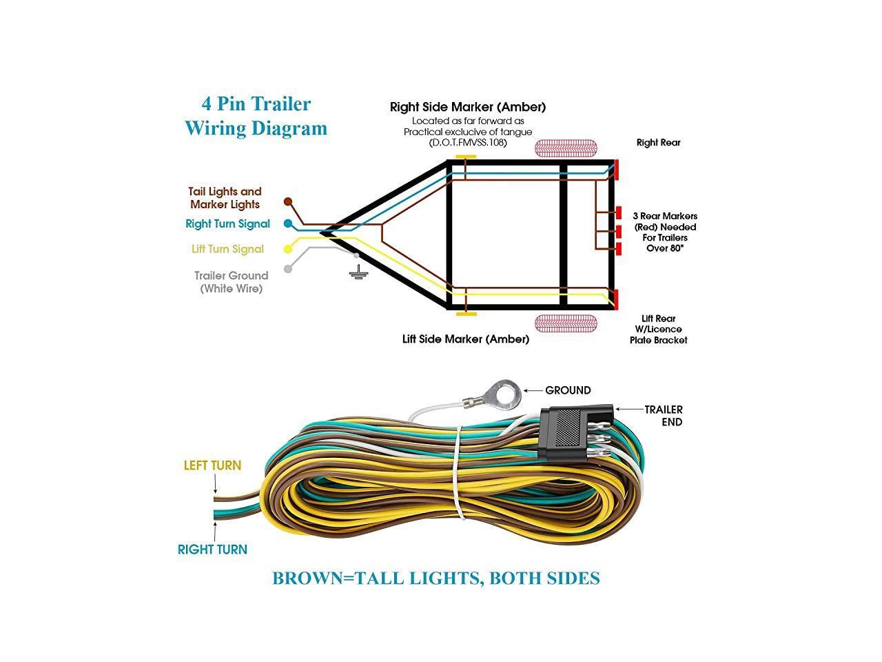 25 Foot 4 Wire 4-Flat Trailer Light Wiring Harness Extension Kit, 4-Way  Plug 4 Pin Male & Female Extension Connector & Wishbone-Style with 18 Gauge  White Ground Wire with SAE J1128 - Newegg.com
