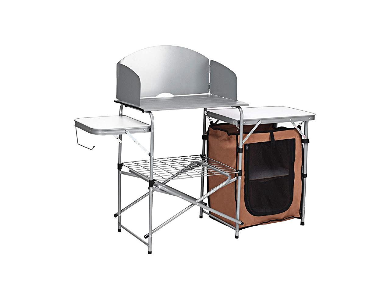 Camp Field Folding Grill Table with 26'' Tabletop and Detachable Windscreen Aluminum Portable Camp Cook Station with Carry Bag Quick Set-up for BBQ Camping Picnic Backyard Outdoor Camping Kitchen Table