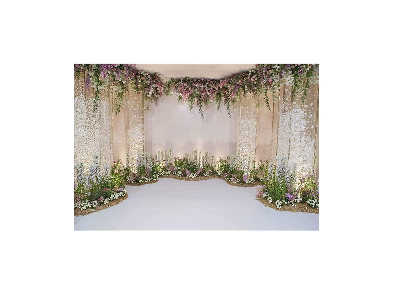 OERJU 15x10ft Photography Background for Wedding Golden White Chiffon Curtain Colorful Flowers Wall Baby Shower Party Banner Bridal Shower Decor Marriage Anniversary Photo Backdrop Newborn Photoshoot