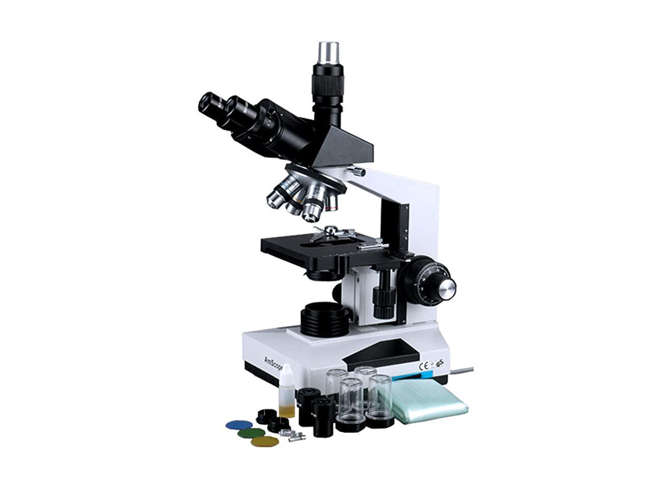 40X-1000X Magnification Double-Layer Mechanical Stage WF10x Eyepieces Abbe Condenser High-Resolution Optics Sliding Head Halogen Illumination Brightfield AmScope T490 Compound Trinocular Microscope 
