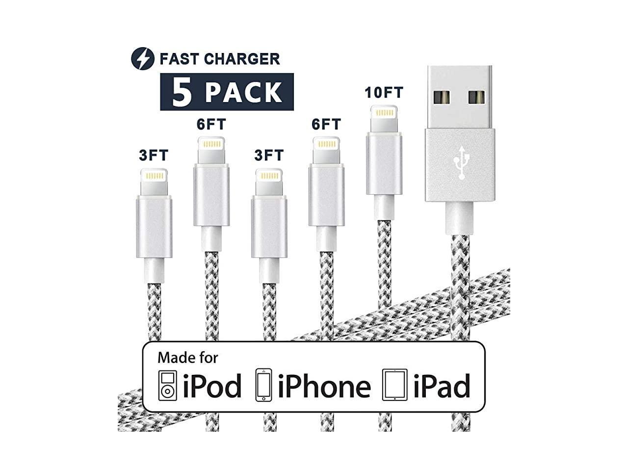 5 Pack iPhone Charger USB Charging Cord Nylon Braided Lightning Cable with Length 3FT/6FT/10FT for iPhone Xs/XS MAX/XR/X/8 Plus/8/7 Plus/7/6S Plus/6/5S/5E/5 