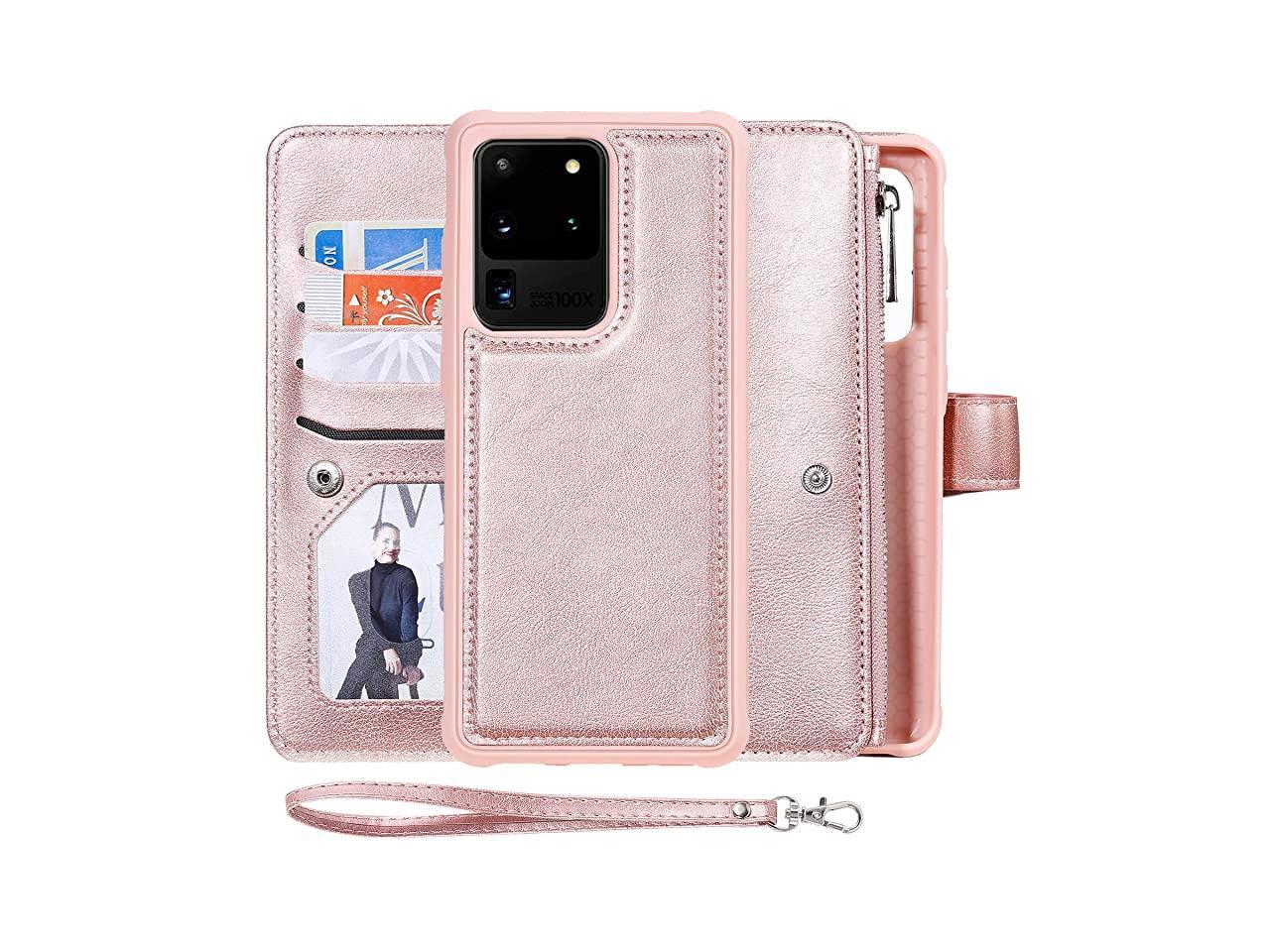 Rose Gold Galaxy S20 Case,Fingic Samsung Galaxy S20 Case Marble Pu Leather S20 Wallet Case with Detachable Wrist Strap ID Card Holder Magnetic Closure Full-body Protective Phone Cover for Galaxy S20