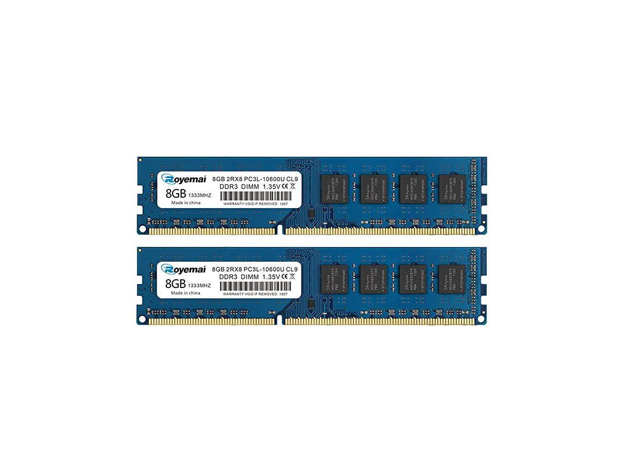 16GB Kit Royemai 8GB PC3/PC3L-10600U Dimm Memory 2Rx8 1.35V/1.5V CL9 Desktop RAM DDR3L/DDR3 10600 1333MHz Udimm 2x8GB 