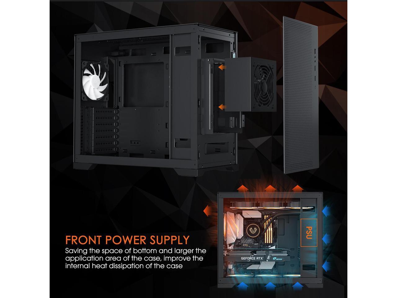 Vetroo ALMESH7C Compact ATX PC Case, Front Power Supply, Top 360mm