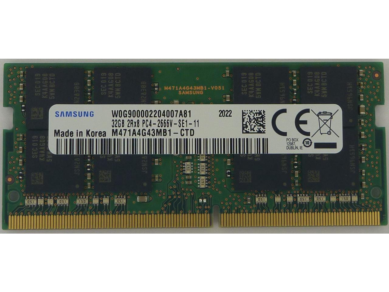 Samsung 32GB DDR4 2666MHz PC4-21300 1.2V 2Rx8 260-Pin SODIMM Laptop RAM