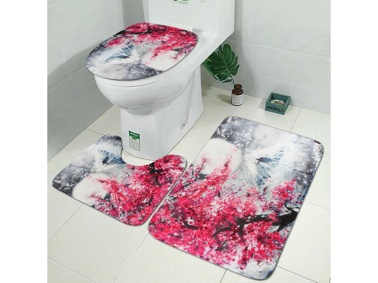 Sakura Waterproof Shower Curtain NonSlip Bathroom Toilet Seat Cover Pad Bath Mat 