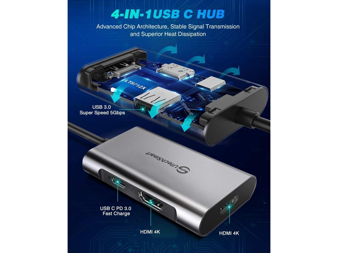 HD 4K to HDMI PD HUB with 4 USB Ports USB C HUB Dual Chip USB2.0 USB3.0 Converter Adapter Compatiable for Laptop//PC//Console//TV 4 in 1 Type-C Display Docking Station