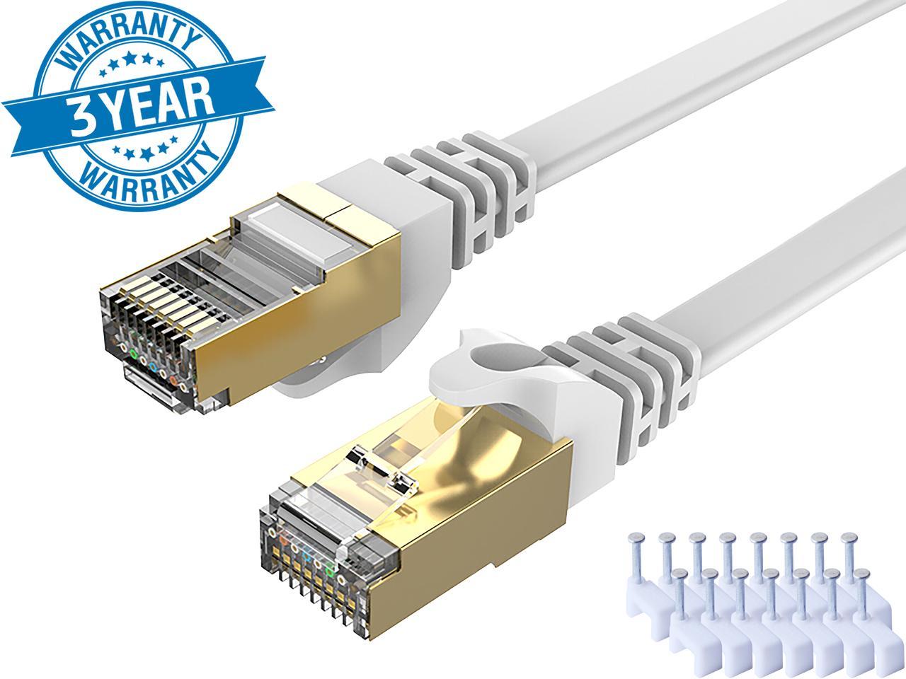 Cat7 Ethernet Cable 100ft White Computer LAN Cable Flat High Speed Internet Patch Cable Ethernet Cord with Cable Clips Faster Than Cat5/Cat6 