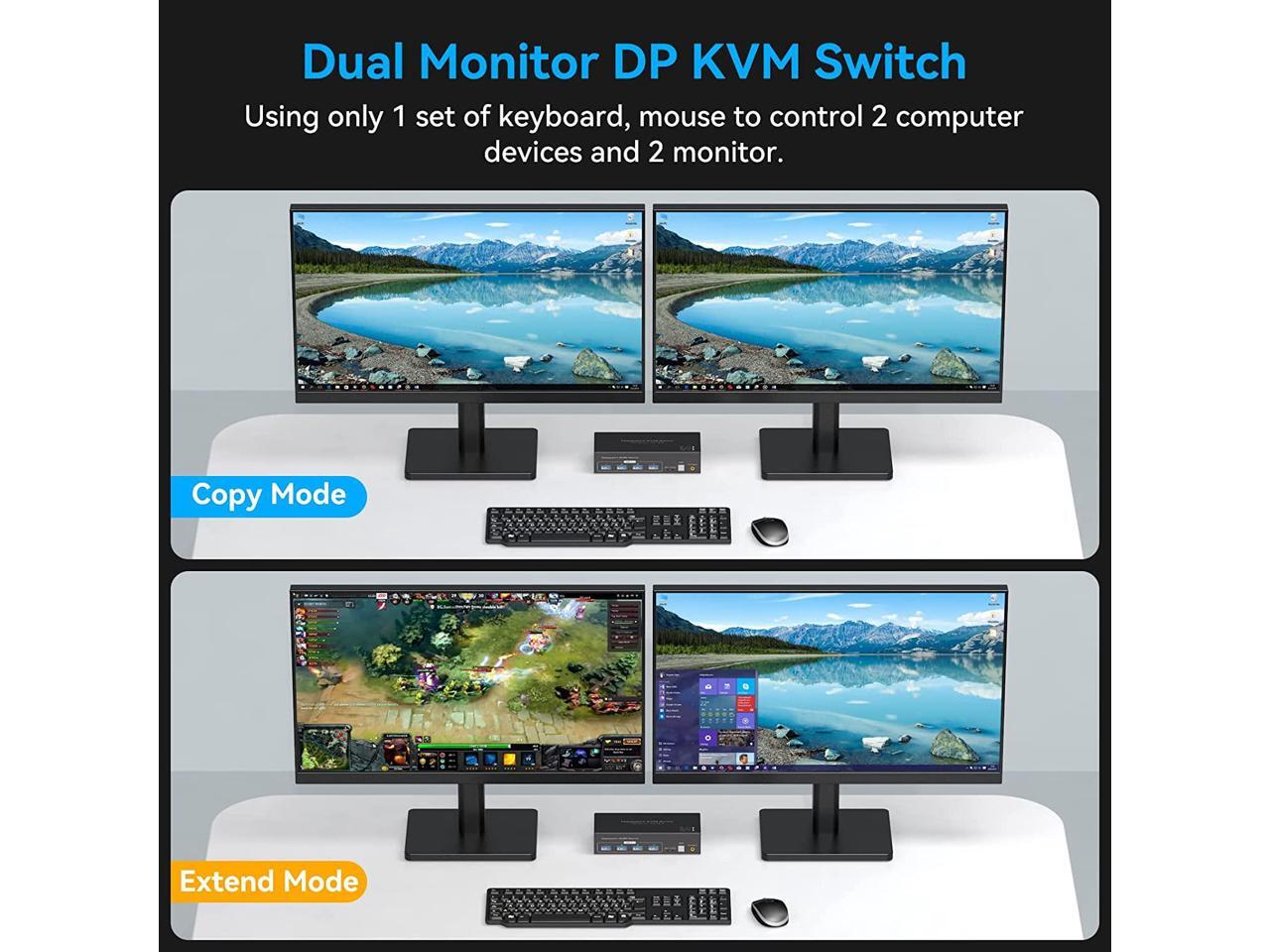 2 Port Dual Monitor Displayport KVM Switch, 2 in 2 Out DP1.4 KVM Switch