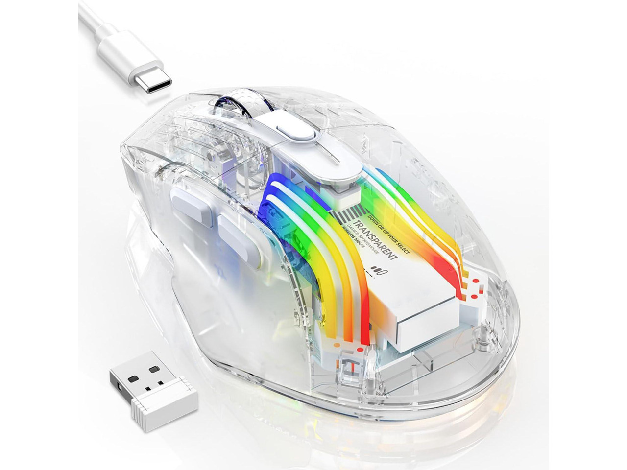 Wireless Gaming Mouse, Tri-Mode 2.4G/USB-C Wired/Bluetooth Mouse, Rechargeable Computer Mice with 5 DPI Levels, 6 Buttons, 11 RGB Lights, Ergonomic Gaming Mice for Laptop PC Mac-Transparent
