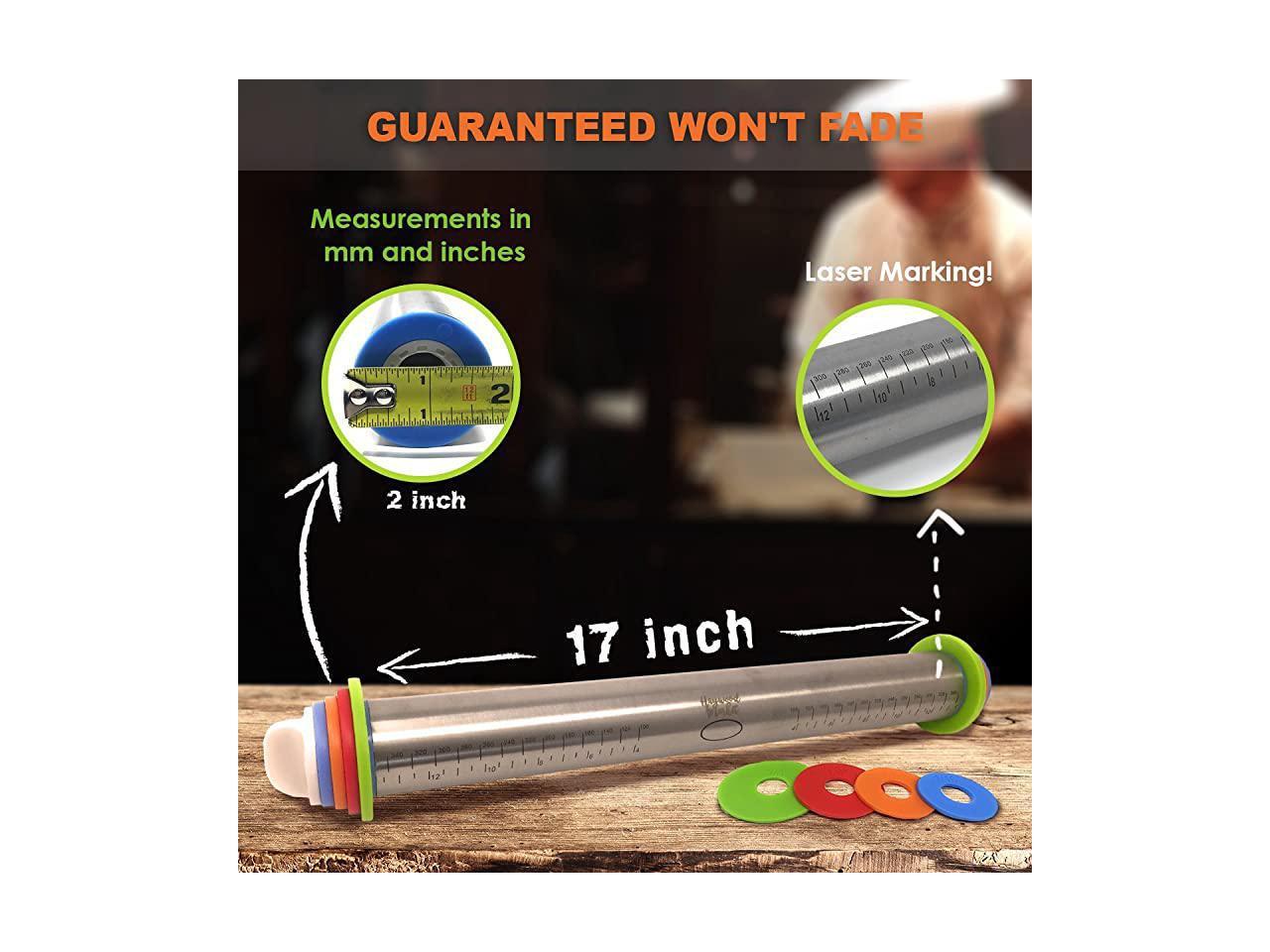 Rolling Pin with Thickness Rings Guides Non Stick 17 inch Large Heavy Duty Stainless Steel