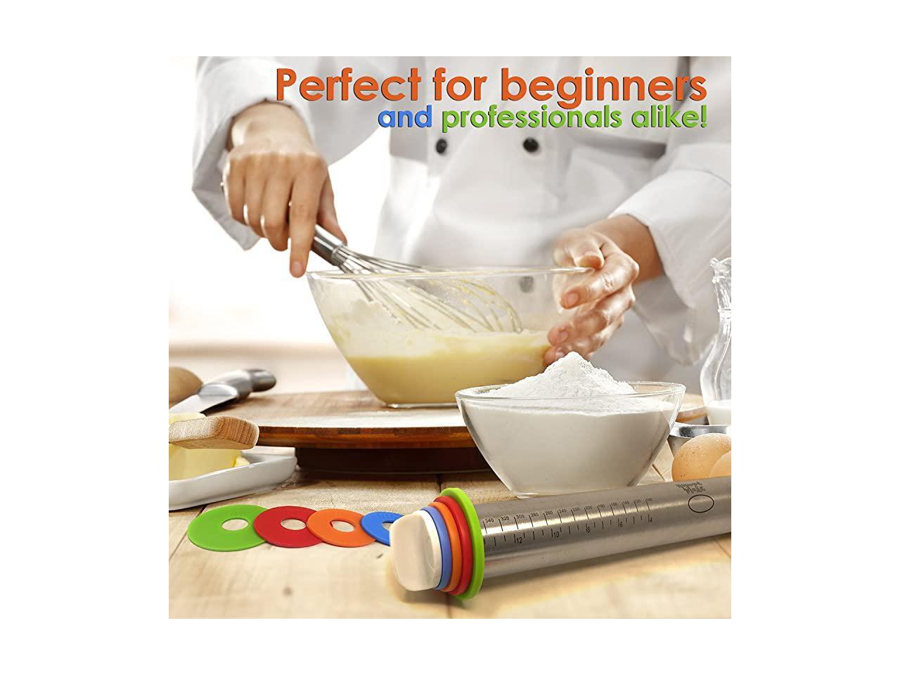 Rolling Pin with Thickness Rings Guides Non Stick 17 inch Large Heavy Duty Stainless Steel