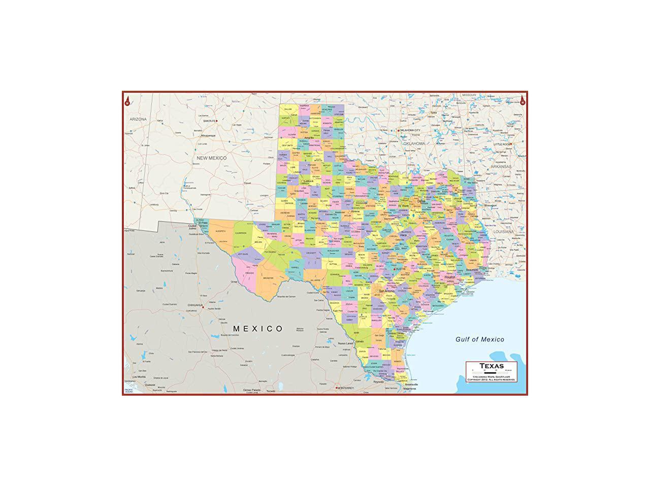 54 x 41 Large Texas State Wall Map Poster with Counties Classroom Style ...