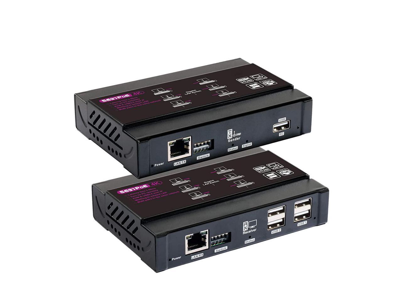 4K HDMI KVM USB Extender Over Single Cat5e/6 up to 100M KVM Extender Support 1080P@60Hz Lossless-Near Zero Latency Plug & Play 4 Ports USB2.0 328ft Keyboard & Mouse Ethernet Network 