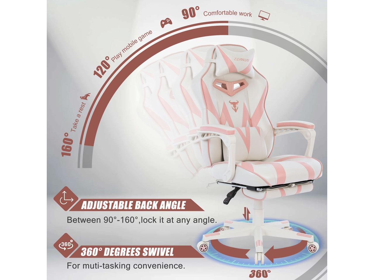 Zeanus Pink Ergonomic Gaming Chair for Girl, Gaming Chair with Footrest