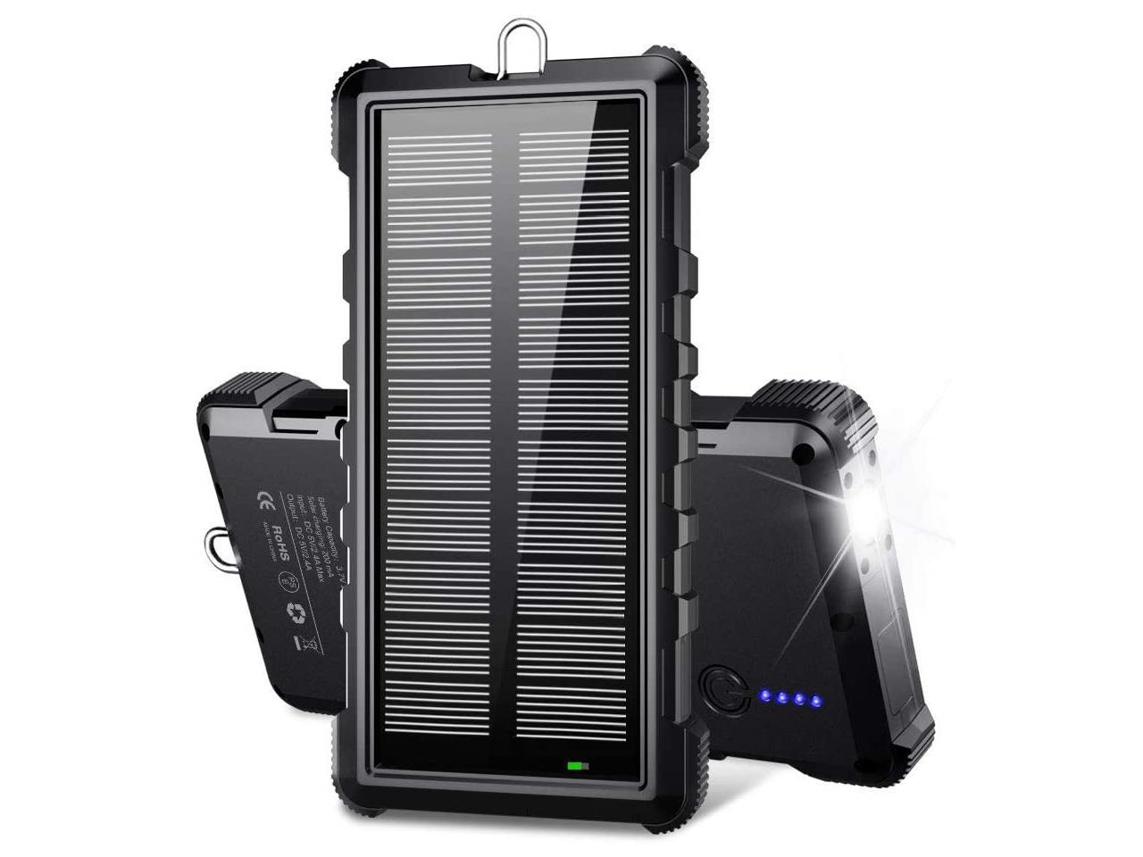 Travelling Solar Charger with Strong Flashlight Beartwo 10000mAh Solar Phone Charger with Dual USB Port Portable Solar Power Bank with 24LED Flashlight & 28LED Emergency Light for Outdoor Camping 