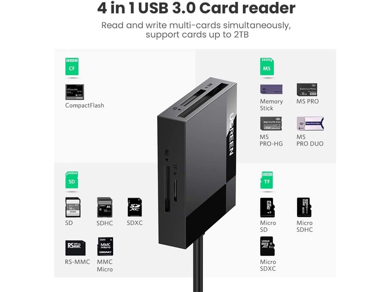UGREEN SD Card Reader USB 3.0 Hub Adapter 5Gbps Read 4 Simultaneously CF 