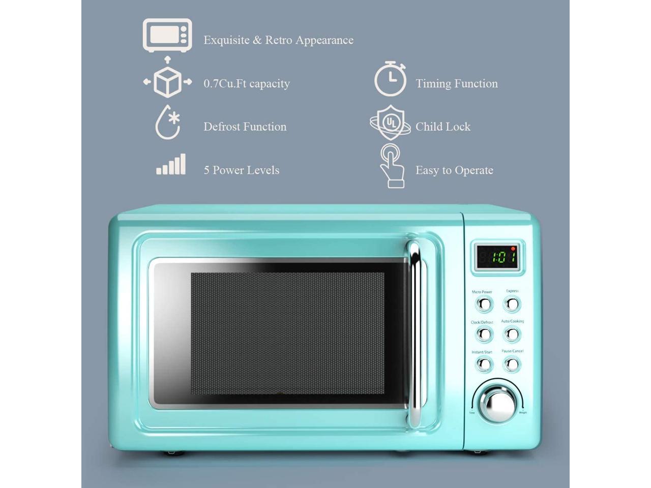LED Display White COSTWAY Retro Countertop Microwave Oven Cold Rolled Steel Plate 700-Watt Child Lock 0.7Cu.ft 5 Micro Power with Glass Turntable & Viewing Window Delayed Start Function