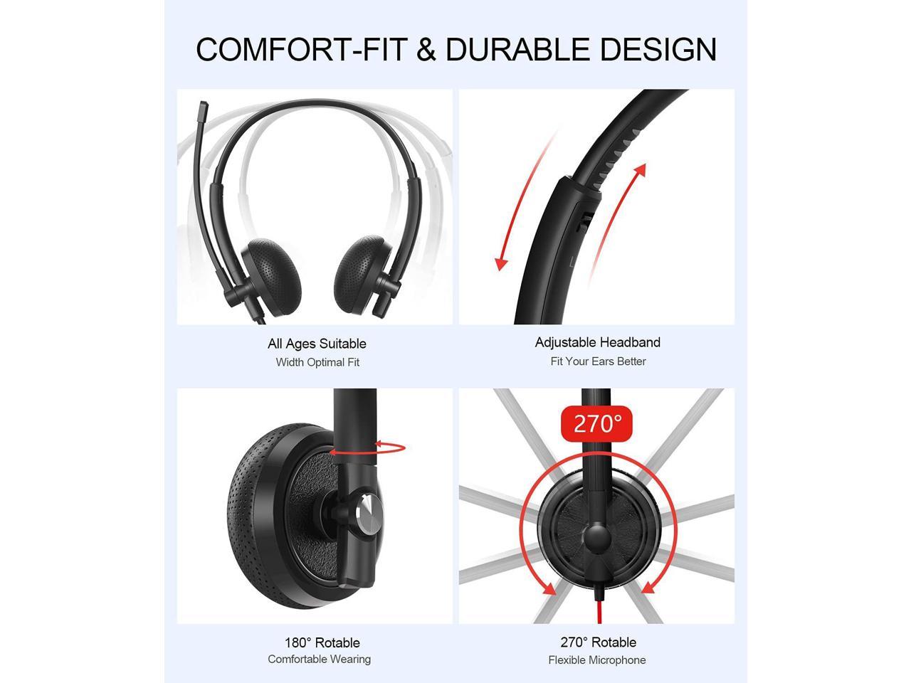 USB Headset HROEENOI Noise Cancelling Headphones with Microphone PC Headset  Wired for Computer/Mac/Laptop with USB+3.5mm Jack in-line Controls for 