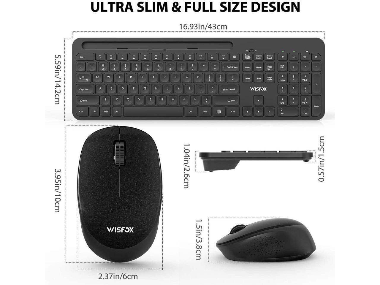Grey and Black Wireless Keyboard and Mouse Combo Full-Size Keyboard and Mouse Set for Computer Laptop and Desktop WisFox 2.4G Ergonomic USB Keyboard with Phone Holder 