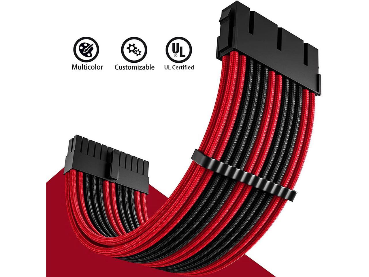 Black Red PSU Sleeved Cable, PC Power Supply Cable Extensions Kit with Combs, 18AWG 24 Pin ATX