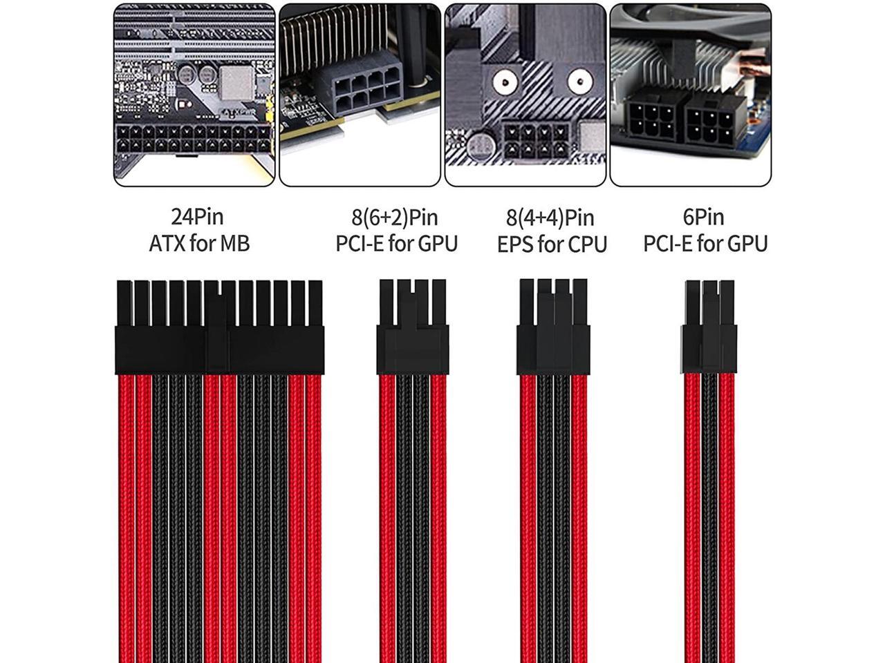 Black Red PSU Sleeved Cable, PC Power Supply Cable Extensions Kit with Combs, 18AWG 24 Pin ATX