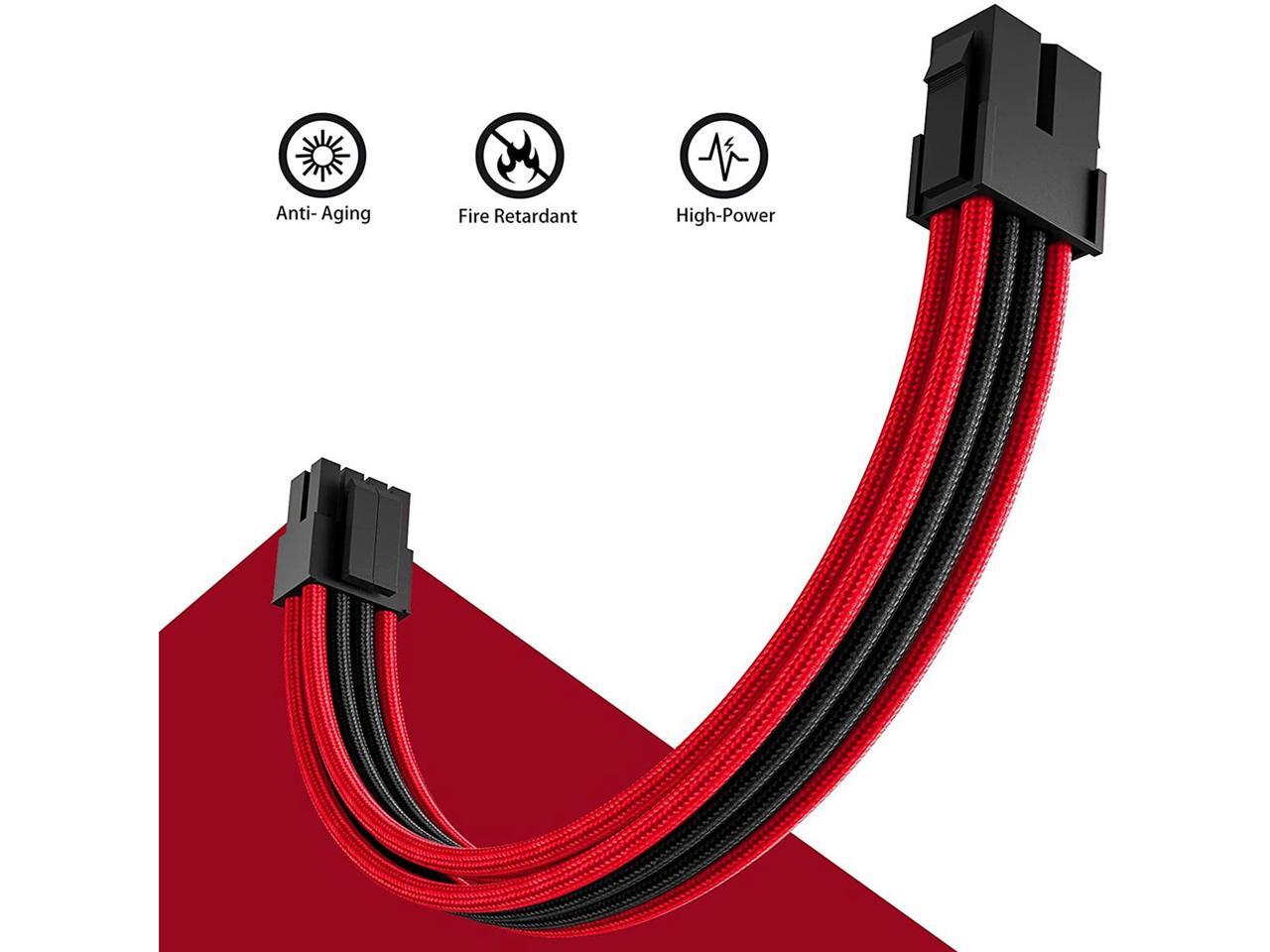 Black Red PSU Sleeved Cable, PC Power Supply Cable Extensions Kit with Combs, 18AWG 24 Pin ATX