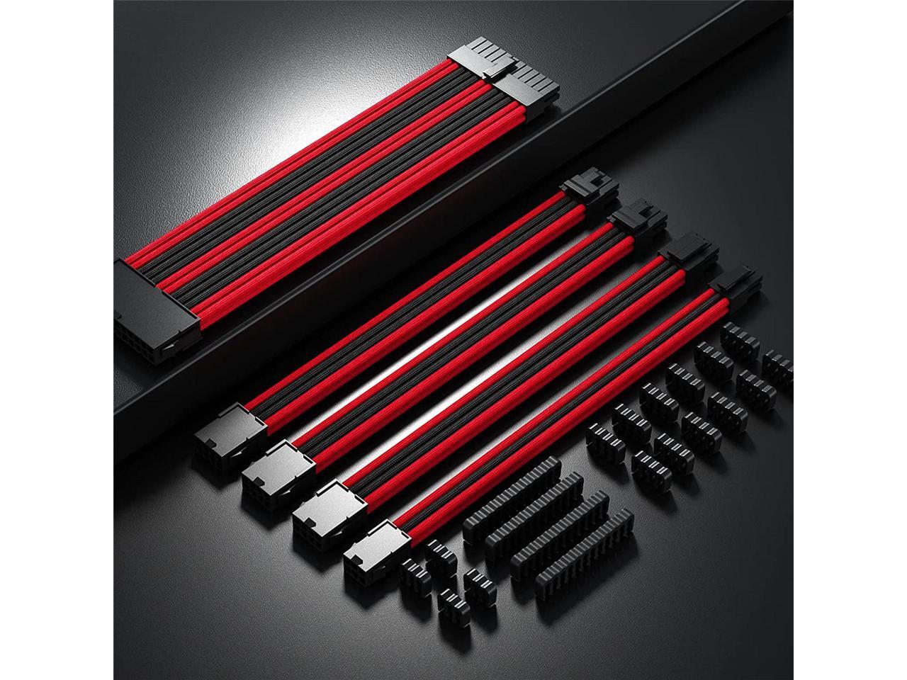 Black Red PSU Sleeved Cable, PC Power Supply Cable Extensions Kit with