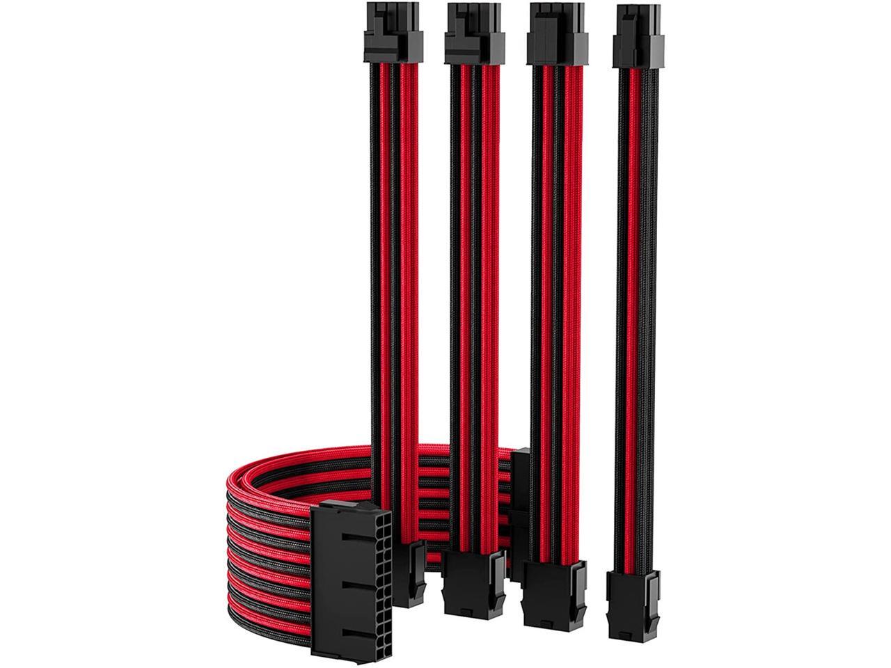 Black Red PSU Sleeved Cable, PC Power Supply Cable Extensions Kit with Combs, 18AWG 24 Pin ATX