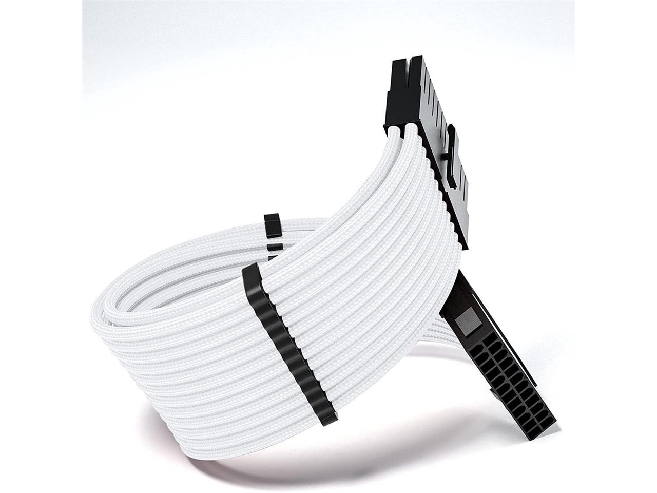Mod Sleeved Cable, White Power Supply Cable Extension Kit, 24PIN ATX, 4