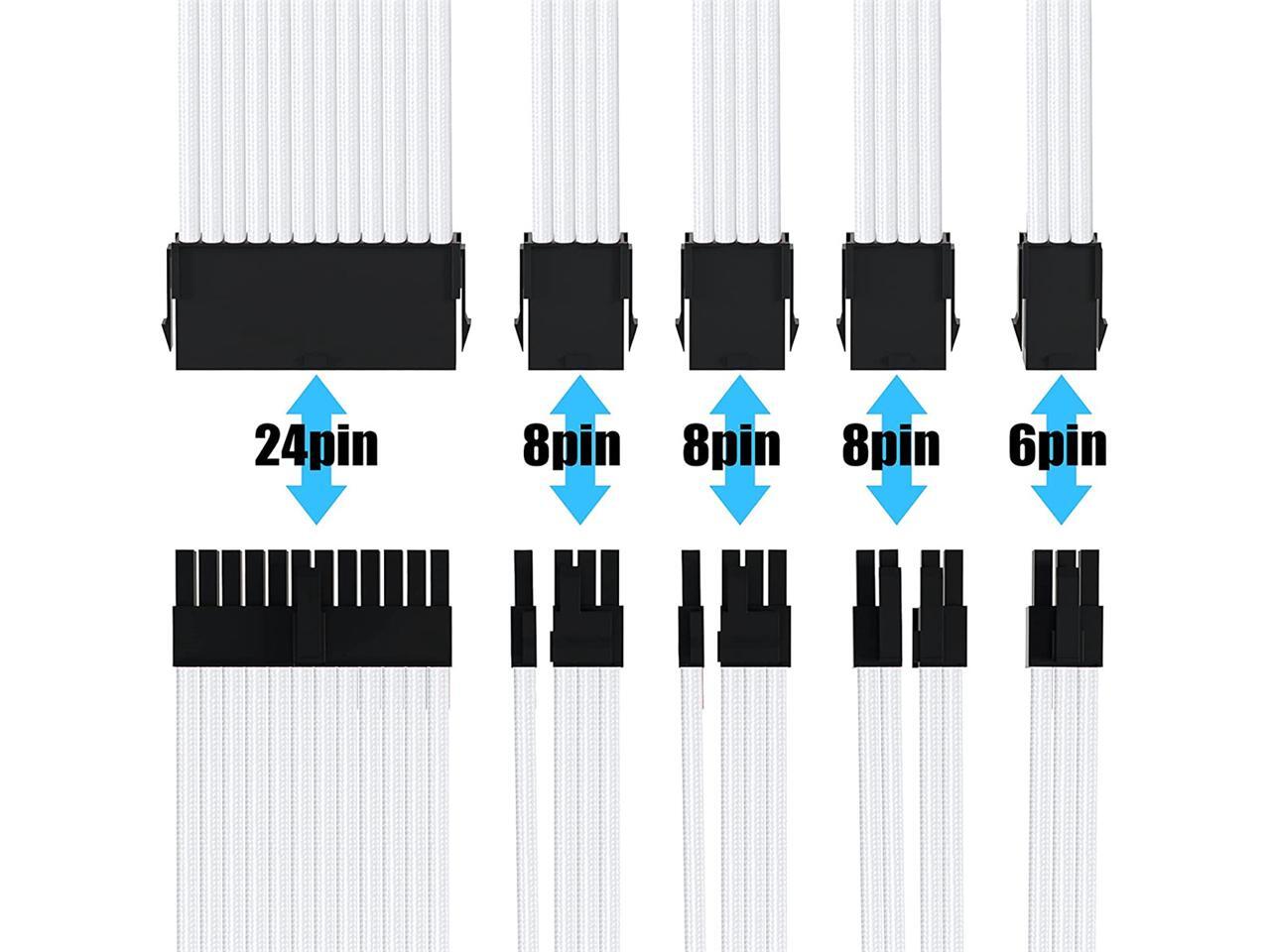 Mod Sleeved Cable, White Power Supply Cable Extension Kit, 24PIN ATX, 4