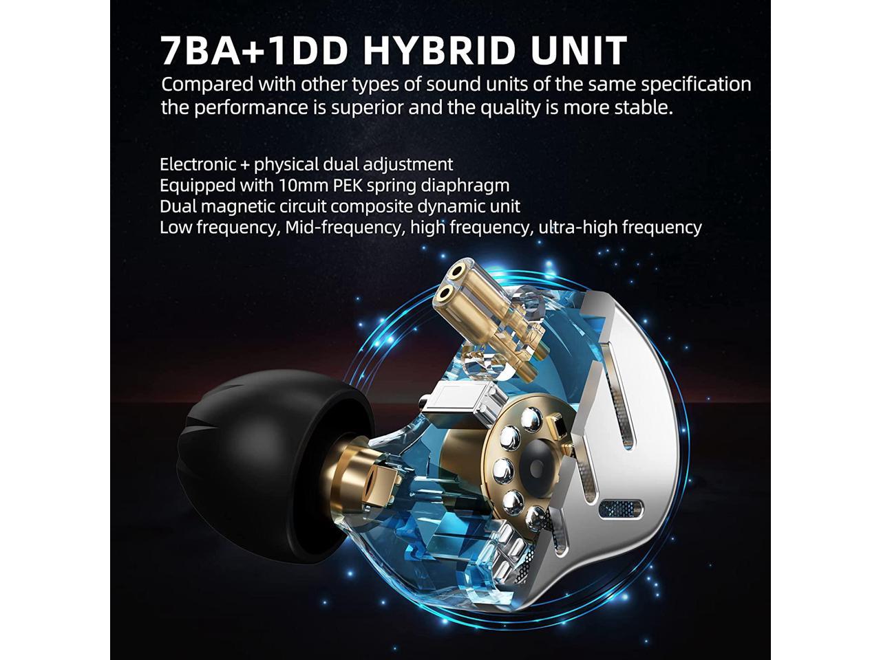 KZ Zax 16-Units 7BA+1DD Hybrid in Ear Monitors Earphones 2 Pin Detachable Cable No Mic, Black 