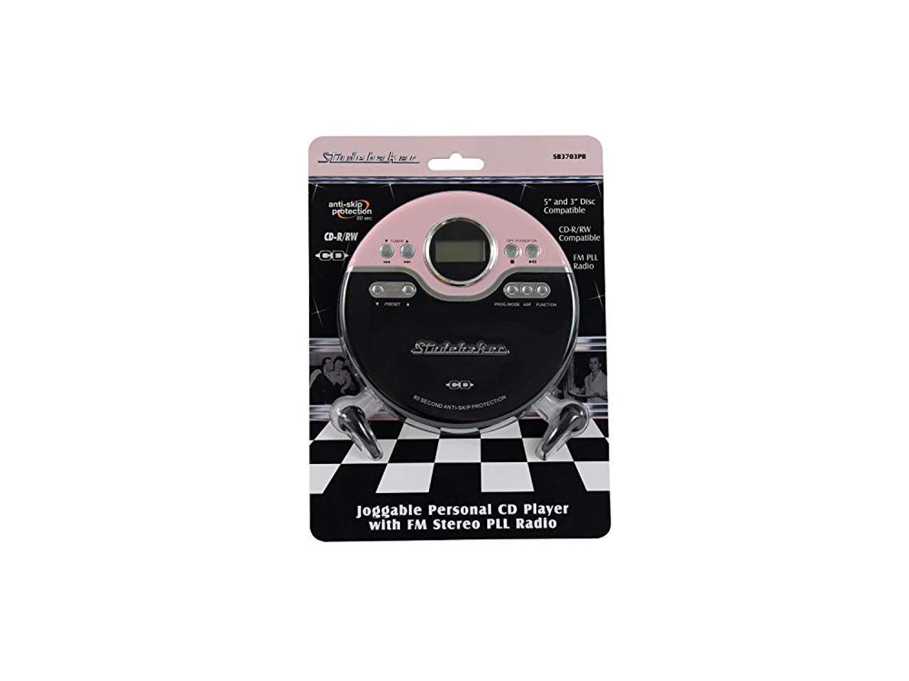 Pink/Black Studebaker SB3703PB Retro Joggable Personal AM/FM CD Player 