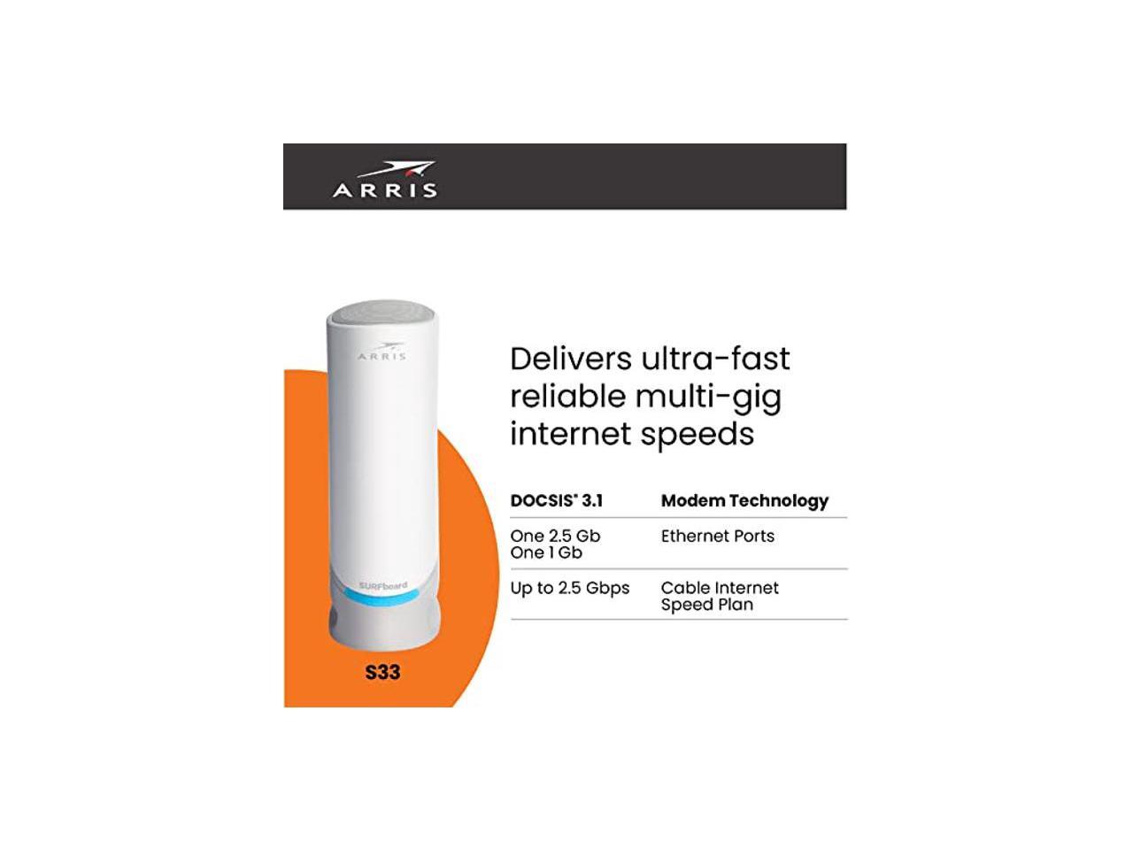 ARRIS Surfboard S33 DOCSIS 3.1 MultiGigabit Cable Modem Approved for