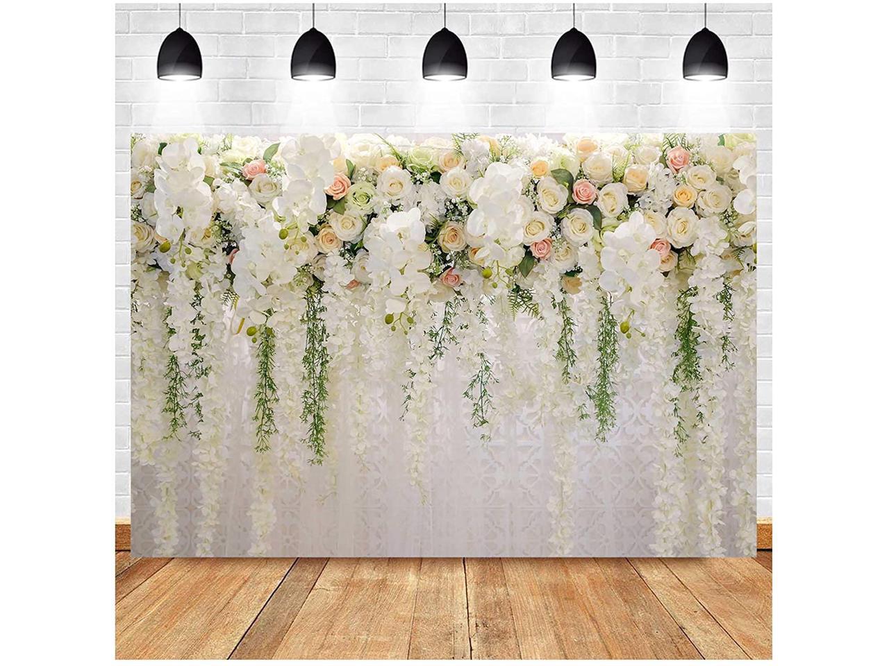 9x6ft Wedding Ceremoney Flowers Photography Background Blooming Floral on White Panel Anniversary Girls Tea Party Bridal Shower Decor Bride Groom Portrait Photo Shoot Photo Studio Props 
