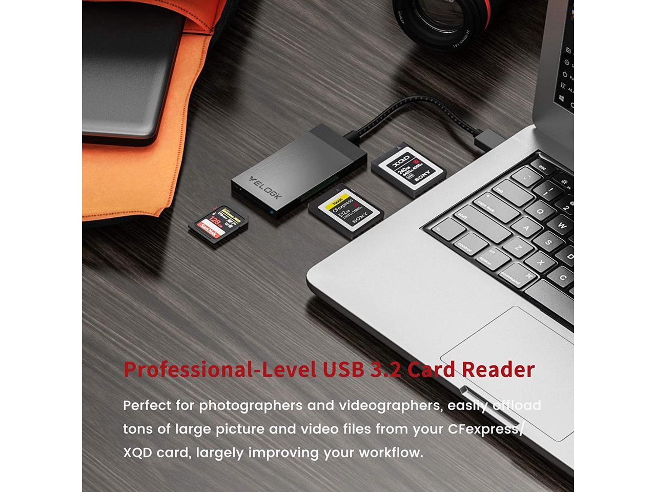 VELOGK CFexpress/XQD Card Reader, DualSlot USB 3.2(10Gbps) CFexpress