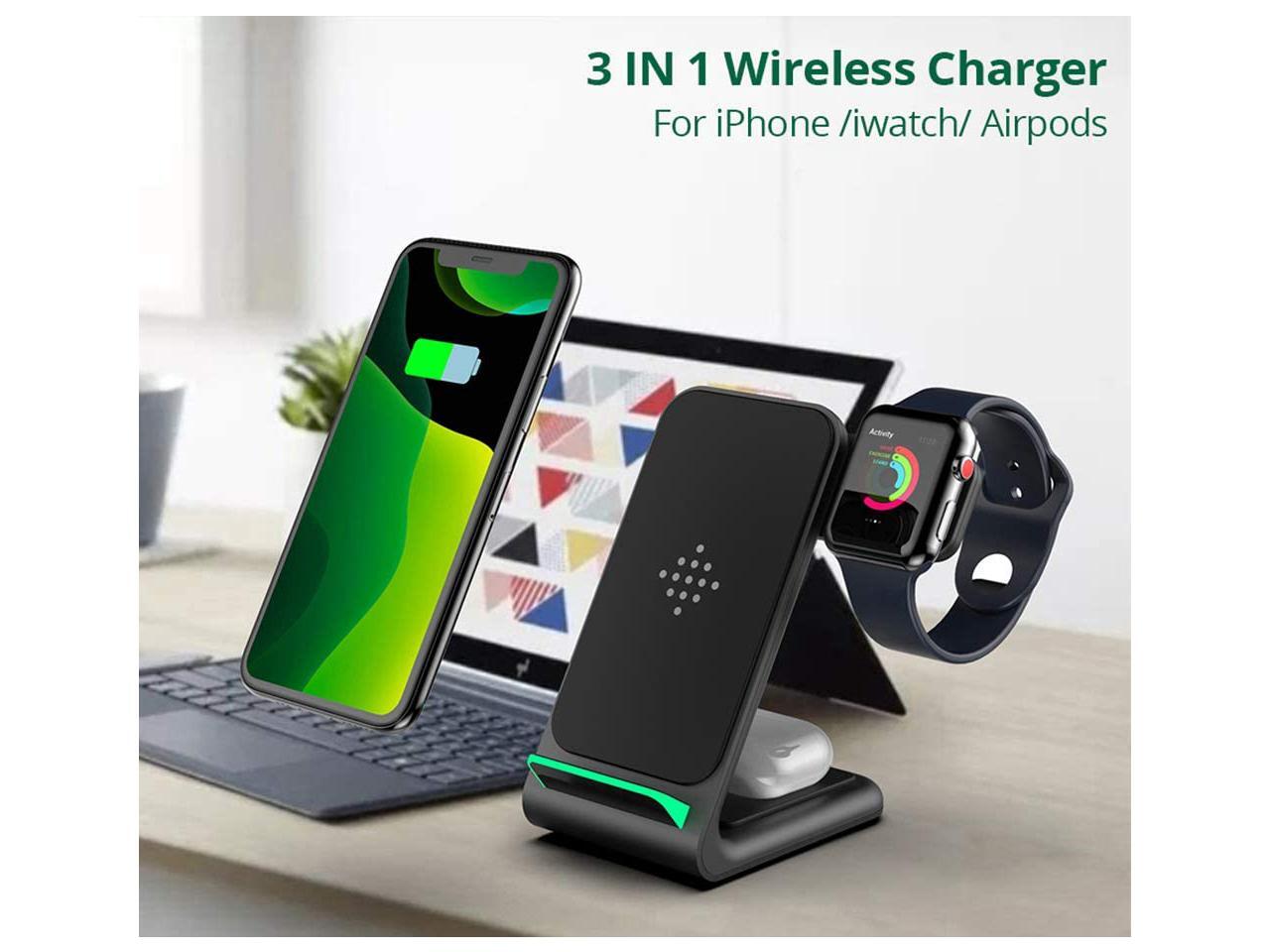 Wireless Charger 3 in 1 Wireless Charging Station Fast Qi Standard Nightstand Charging Dock for