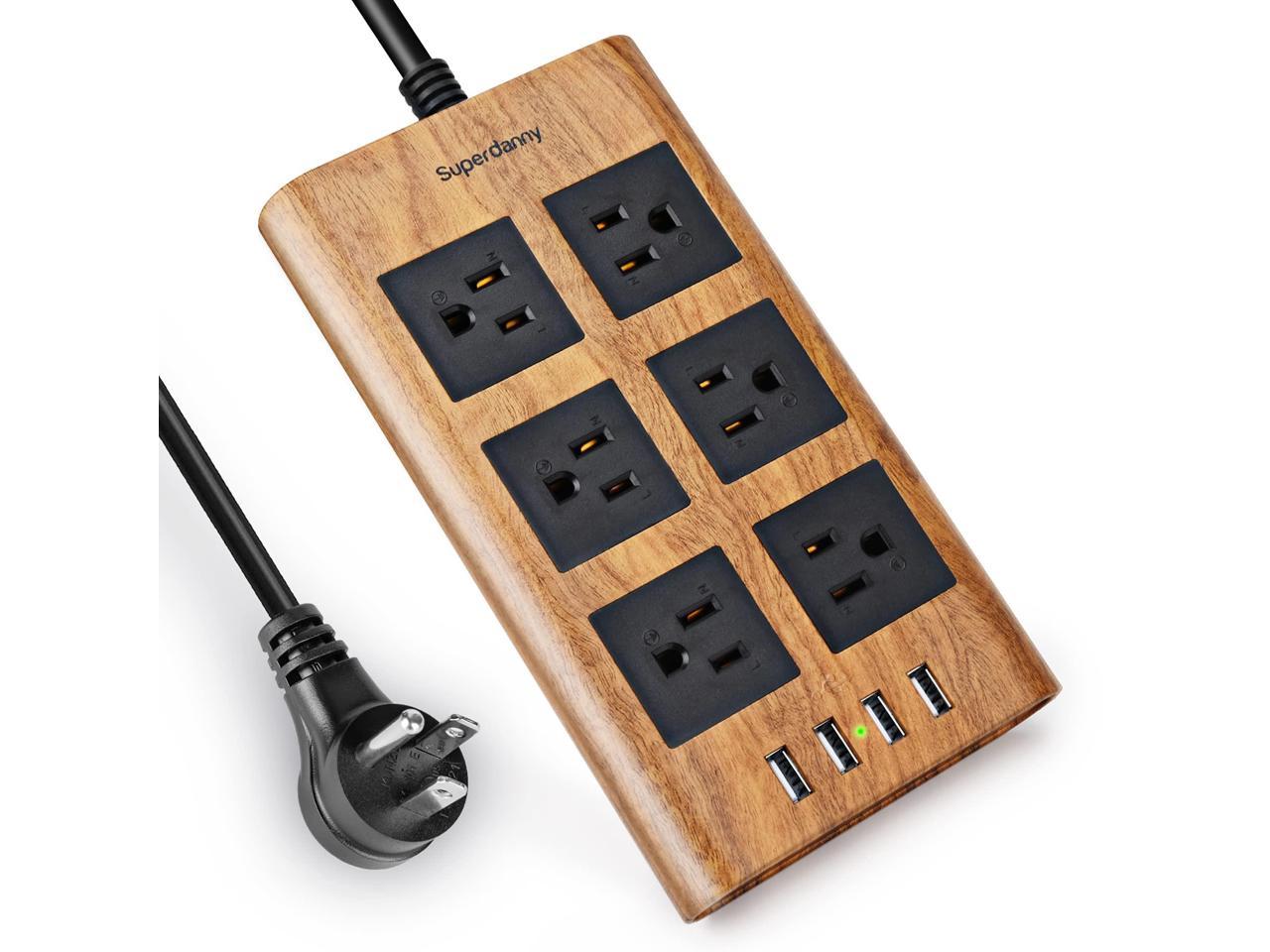 SUPERDANNY 9.8ft Surge Protector Power Strip Right Angled Extension Cord 6-Outlet with 4 USB Fast Charging Ports and 3000W 15A 900J for iPhone iPad Home Indoor Office Desktop Dark Wood Color 