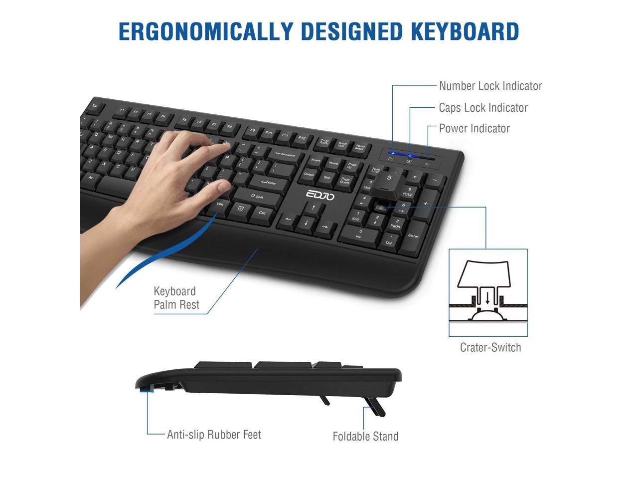 Wireless Keyboard, EDJO 2.4G Ergonomic Full Size Wireless Computer ...