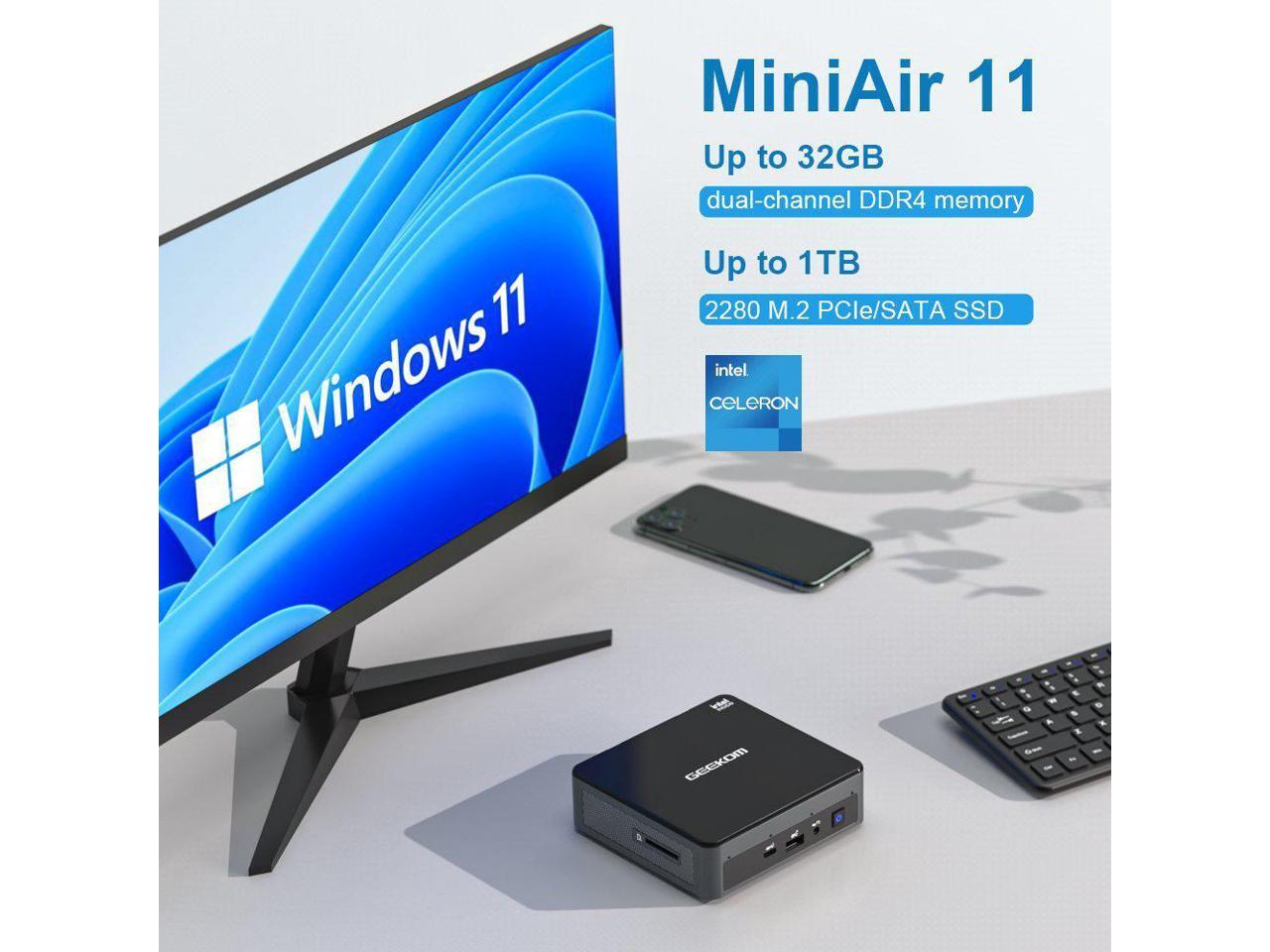Mini PC GEEKOM MiniAir11 11th Gen Intel Celeron N5095 8GB RAM 256GB SSD  Windows 11 Pro Mini Desktop with Dual Channel DDR4/HDMI1.4 4K UHD/Dual 