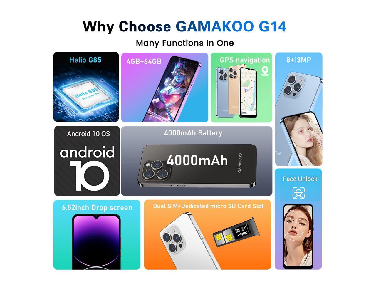GAMAKOO G14 Unlocked Cell Phones Dual SIM 64GB+4GB 6.52" HD+ Display